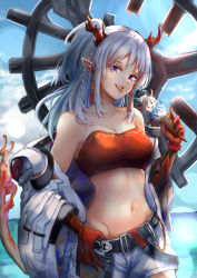 Rule 34 | 1girl, absurdres, arknights, bandeau, bare shoulders, bead bracelet, beads, belt, black belt, blue sky, bracelet, braid, breasts, cleavage, cloud, collarbone, colored skin, commentary request, cowboy shot, day, dragon girl, dragon horns, dragon tail, dusk (arknights), flame-tipped tail, food, groin, hair between eyes, hand on own hip, highres, holding, holding food, horns, ice cream, jacket, jewelry, ling (arknights), long hair, looking at viewer, medium breasts, midriff, multicolored hair, navel, nian (arknights), off shoulder, open mouth, pointy ears, ponytail, purple eyes, red bandeau, red horns, red skin, sanshouo (sansuouo), short shorts, shorts, sidelocks, sky, smile, solo, standing, strapless, streaked hair, tail, teeth, tongue, tongue out, tube top, upper teeth only, white jacket, white shorts
