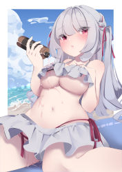 Rule 34 | 1girl, absurdres, beach, beach towel, bikini, bikini skirt, blue sky, blunt bangs, border, bottle, breasts, cloud, commentary request, day, frilled bikini, frills, hair ribbon, hand on own chest, highres, holding, holding bottle, long hair, looking at viewer, lotion, medium breasts, nyankoni koban, ocean, original, outdoors, parted lips, pouring, pouring onto self, red eyes, red ribbon, ribbon, sidelocks, sitting, sky, solo, sunscreen, swimsuit, thighs, towel, underboob, wariza, wet, white bikini, white border, white hair