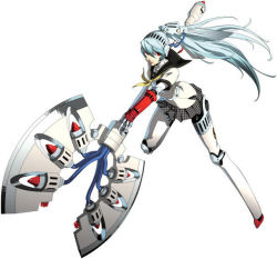 Rule 34 | 1girl, android, arc system works, atlus, axe, battle axe, blue hair, houndstooth, huge weapon, joints, jpeg artifacts, knee pads, labrys (persona), long hair, miniskirt, official art, persona, persona 4: the ultimate in mayonaka arena, pleated skirt, ponytail, red eyes, robot joints, school uniform, serafuku, skirt, solo, weapon