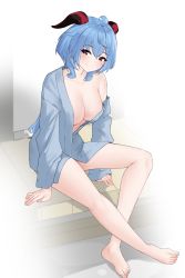 Rule 34 | 1girl, arm support, bare legs, barefoot, blue hair, blue shirt, blush, breasts, cleavage, collarbone, commentary request, ganyu (genshin impact), genshin impact, hair between eyes, highres, horns, large breasts, long hair, looking at viewer, off shoulder, purple eyes, shirt, single bare shoulder, sitting, smile, solo, thighs, very long hair, zerotwenty (020)