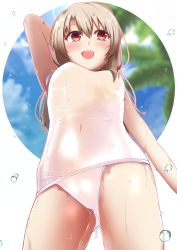 Rule 34 | 1girl, breasts, cameltoe, commentary request, fate/kaleid liner prisma illya, fate (series), highres, illyasviel von einzbern, kuro yanagi, long hair, one-piece swimsuit, open mouth, prisma illya, purple one-piece swimsuit, red eyes, school swimsuit, silver hair, skindentation, small breasts, smile, solo, swimsuit, white one-piece swimsuit