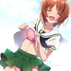 Rule 34 | 10s, 1girl, :d, artist name, black neckerchief, blouse, bow, bow bra, bra, brown hair, clothes lift, cloud, cloudy sky, commentary request, day, dutch angle, facing viewer, girls und panzer, green skirt, kari okome, lace, lace-trimmed bra, lace trim, lifting own clothes, long sleeves, miniskirt, navel, neckerchief, nishizumi miho, ooarai school uniform, open mouth, outdoors, panties, pink bra, pink panties, pleated skirt, school uniform, serafuku, shirt, shirt lift, short hair, signature, skirt, skirt lift, sky, smile, solo, standing, sweat, twitter username, underwear, white shirt, wind, wind lift