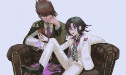Rule 34 | 2boys, :o, alternate costume, black hair, blue background, brown hair, checkered clothes, checkered neckwear, closed mouth, commentary, couch, cup, danganronpa (series), danganronpa v3: killing harmony, drinking glass, facial hair, foot out of frame, formal, goatee, green jacket, hand on own cheek, hand on own face, handkerchief, highres, holding, holding cup, jacket, male focus, momota kaito, multiple boys, necktie, official alternate costume, open mouth, oma kokichi, pin, purple eyes, purple neckwear, red vest, shirt, simple background, sitting, spiked hair, spill, star pin, suit, symbol-only commentary, upper body, vest, visket53, white shirt, white suit, wine glass