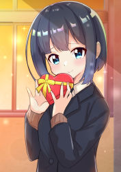 Rule 34 | 1girl, absurdres, afternoon, ao (flowerclasse), black hair, black jacket, blue eyes, blush, box, brown sweater, closed mouth, collared shirt, commentary request, gift, gift box, hands up, heart-shaped box, highres, holding, holding gift, indoors, jacket, long sleeves, looking at viewer, minagi hiyori, school uniform, shirt, slow loop, smile, solo, standing, sweater, upper body, valentine, white shirt