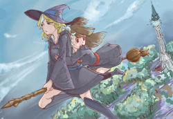 Rule 34 | 10s, 2girls, broom, broom riding, diana cavendish, flying, hat, highres, junktinr, kagari atsuko, little witch academia, magic, multiple girls, multiple riders, tower, witch, witch hat