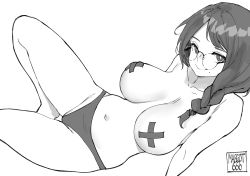 Rule 34 | 1girl, artist name, braid, braided ponytail, breasts, collarbone, curvy, glasses, greyscale, hair over shoulder, highres, large breasts, looking at viewer, mole, mole under mouth, monochrome, navel, norman maggot, original, panties, pasties, simple background, solo, stephanie (norman maggot), tagme, tape, tape on nipples, underwear, white background