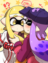 Rule 34 | !?, 2girls, baseball cap, baseball jersey, blonde hair, blue headwear, blunt bangs, blush, closed mouth, clothes writing, commentary, eromame, hat, heart, holding another&#039;s hair, inkling, inkling (language), inkling girl, inkling player character, jersey, kiss, kissing cheek, long hair, long sleeves, looking at viewer, mask, multiple girls, nintendo, pointy ears, purple hair, red shirt, shirt, splatoon (series), star (symbol), starry background, sweatdrop, tentacle hair, white shirt, yellow eyes, yuri