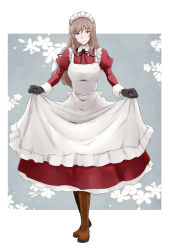 Rule 34 | 1girl, apron, black gloves, black ribbon, boots, brown eyes, brown footwear, brown hair, closed mouth, collared dress, commentary, cross-laced footwear, dress, full body, girls und panzer, gloves, hair ribbon, half-closed eyes, highres, juliet sleeves, lace-up boots, long dress, long hair, long sleeves, looking at viewer, low-tied long hair, maid apron, maid headdress, neck ribbon, outside border, pantyhose, puffy sleeves, red dress, ribbon, shimada chiyo, skirt hold, smile, solo, white apron, yuuhi (arcadia)