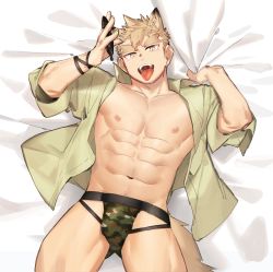 Rule 34 | 1boy, abs, animal ear fluff, animal ears, bara, bare pectorals, beige shirt, blonde hair, bulge, camouflage, camouflage, cowboy shot, dog boy, dog ears, dog tail, gondom, highres, jockstrap, large pectorals, lying, male focus, male underwear, muscular, navel, navel hair, nipples, on back, original, pectorals, short hair, sideburns, solo, spiked hair, spread legs, tail, thick thighs, thighs, tongue, tongue out, underwear, undressing, yellow eyes