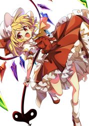Rule 34 | 1girl, absurdres, ascot, baba (baba seimaijo), bad id, bad twitter id, blonde hair, bobby socks, bow, brown footwear, buttons, collared shirt, crystal, flandre scarlet, frilled skirt, frills, hair bow, highres, holding, holding weapon, laevatein (tail), leg up, looking at viewer, medium hair, one side up, open mouth, pointy ears, puffy short sleeves, puffy sleeves, red bow, red eyes, red skirt, red vest, shirt, short sleeves, side ponytail, simple background, skirt, skirt set, smile, socks, solo, tail, teeth, touhou, vest, weapon, white background, white headwear, white shirt, white socks, wings, wrist cuffs, yellow ascot
