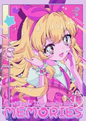 Rule 34 | 1girl, :d, absurdres, aikatsu!, aikatsu! (series), blonde hair, blush, bottle, bow, collared shirt, commentary request, cover, cover page, frilled skirt, frills, hair bow, hand on own face, heart, highres, hoshimiya ichigo, lipstick, long hair, looking at viewer, makeup, milon cas, necktie, open mouth, perfume bottle, pink necktie, pink skirt, pink vest, puffy short sleeves, puffy sleeves, shirt, short sleeves, skirt, smile, solo, sparkle, star (symbol), vest, white shirt, yume kawaii