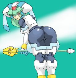 Rule 34 | 1girl, armor, ass, bent over, bodysuit, breasts, capcom, charge sol, come hither, from behind, green hair, helmet, highres, leaning, leaning forward, long hair, looking at viewer, mega man (series), mega man zx, naughty face, pandora (mega man), red eyes, shiny clothes, sideboob, smile, solo, staff