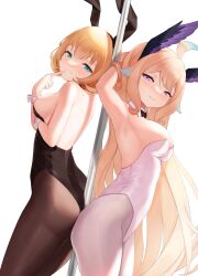 Rule 34 | 2girls, absurdres, ahoge, alternate breast size, animal ears, aqua eyes, armpits, ass-to-ass, back-to-back, backless outfit, black leotard, black pantyhose, blonde hair, breasts, closed mouth, cowboy shot, detached collar, enna alouette, fake animal ears, finger to mouth, head wings, highres, leotard, long hair, medium breasts, millie parfait, multiple girls, nijisanji, nijisanji en, pantyhose, playboy bunny, pole, purple eyes, rabbit ears, short hair, sideboob, simple background, sleepypudding, smile, strapless, strapless leotard, stripper pole, very long hair, virtual youtuber, white background, white leotard, white pantyhose, wings, wrist cuffs
