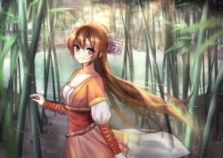 Rule 34 | 1girl, bad id, bad pixiv id, bamboo, bamboo forest, black hair, breasts, brown eyes, brown hair, cleavage, forest, hair ornament, long hair, looking at viewer, meaomao, nature, original, outdoors, solo