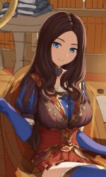 1girl blue_eyes breasts brown_hair commentary_request fate/grand_order fate_(series) gold_trim high-waist_skirt highres indoors kamo_ashi large_breasts leonardo_da_vinci_(fate) long_hair looking_at_viewer pleated_skirt red_skirt skirt smile solo