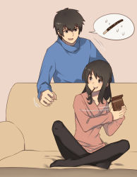 Rule 34 | 1boy, 1girl, aged up, black pantyhose, brown eyes, brown hair, couch, couple, crossed legs, food, food in mouth, hetero, highres, indian style, kimi no na wa., miyamizu mitsuha, mouth hold, open mouth, pantyhose, pink background, pocky, simple background, sitting, smile, speech bubble, squidsmith, sweatdrop, sweater, tachibana taki