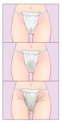 Rule 34 | 1girl, bang dream!, border, crotch, female focus, fundoshi, gluteal fold, groin, have to pee, japanese clothes, lower body, multiple views, navel, peeing, peeing self, pink background, sen no yugami, simple background, wakamiya eve, wet, wet clothes, white border