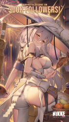 Rule 34 | 1girl, absurdres, armor, ass, bare shoulders, blush, breasts, closed mouth, copyright notice, fireworks, fish, goddess of victory: nikke, grey hair, hair between eyes, hat, hayate (leaf98k), highres, huge ass, japanese armor, jingasa, large breasts, large hat, long hair, looking at viewer, looking back, milestone celebration, official art, scarlet (nikke), second-party source, sideboob, smile, solo, yellow eyes