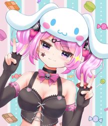 Rule 34 | 1girl, bell, black choker, black gloves, black shirt, breasts, chaki (life music c), choker, cinnamoroll, cleavage, commentary, demon girl, demon horns, elbow gloves, english commentary, facial tattoo, fingerless gloves, gloves, hair ornament, hairpin, heart, heart hair ornament, highres, horns, ironmouse, ironmouse (pink rock), jingle bell, large breasts, long hair, looking at viewer, multicolored hair, pink eyes, pink hair, purple hair, sanrio, shirt, smirk, star tattoo, streaked hair, tattoo, twintails, virtual youtuber, vshojo