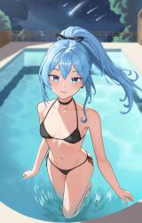 Rule 34 | 1girl, absurdres, bare arms, bare shoulders, bikini, black bikini, black choker, black ribbon, blue eyes, blue hair, blurry, blurry background, breasts, choker, closed mouth, collarbone, commentary, diptip, earrings, floating hair, hair between eyes, hair ribbon, halterneck, highres, hololive, hoshimachi suisei, jewelry, light blush, long hair, looking at viewer, navel, night, night sky, outdoors, ponytail, pool, ribbon, ripples, shooting star, side-tie bikini bottom, sidelighting, sky, small breasts, smile, solo, star (sky), star (symbol), star in eye, starry sky, stomach, swimsuit, symbol in eye, tree, virtual youtuber, wading, water, wet