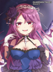 Rule 34 | 1girl, artist name, bare shoulders, breasts, cleavage, dress, gloves, grin, guardian tales, hairband, holding, holding umbrella, keshi273, large breasts, long hair, open mouth, purple hair, red eyes, smile, solo, umbrella, upper body, vampire girl karina