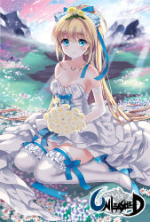 Rule 34 | 1girl, blonde hair, blue bow, blue eyes, bouquet, bow, breasts, cleavage, dress, elbow gloves, flower, frills, gloves, grass, hair ribbon, high heels, ice (ice aptx), long hair, looking at viewer, original, ribbon, sitting, smile, solo, thighhighs, unleashed, white dress