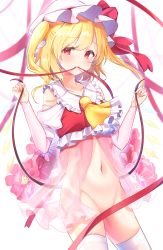 Rule 34 | 1girl, adapted costume, ascot, blonde hair, flandre scarlet, flower, groin, hat, highres, konnyaku (yuukachan 51), looking at viewer, mob cap, mouth hold, navel, red eyes, red ribbon, ribbon, short hair, solo, standing, stomach, thighhighs, thighs, touhou, white hat, white thighhighs, yellow ascot