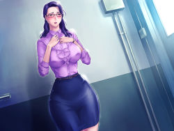 Rule 34 | 1girl, belt, blue skirt, blush, breasts, cowboy shot, embarrassed, female focus, glasses, grassturtle, hair over shoulder, hands on own chest, hands up, highres, indoors, large breasts, legs, long hair, looking at viewer, original, parted lips, pink eyes, pink shirt, purple hair, red-framed eyewear, s kyoushi na kagami-sensei to m haha na ryouko-san 2, shirt, skirt, solo, standing, sweatdrop, thighs, trembling, wide hips