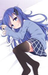 Rule 34 | 1girl, arm up, ayanepuna, bed sheet, black thighhighs, blue eyes, blue hair, blue skirt, blue sweater, blush, commentary request, copyright request, hand up, highres, long hair, long sleeves, looking away, lying, no shoes, on side, parted lips, skirt, sleeves past wrists, solo, sweater, thighhighs, two side up, very long hair