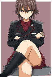 Rule 34 | 1girl, black hat, black jacket, black socks, brown background, brown eyes, brown hair, closed mouth, commentary, crossed arms, crossed legs, dress shirt, frown, garrison cap, girls und panzer, half-closed eyes, hat, highres, insignia, jacket, kuromorimine military uniform, long sleeves, looking at viewer, military, military hat, military uniform, miniskirt, natsume mina, nishizumi maho, outside border, pleated skirt, red shirt, red skirt, shirt, short hair, sitting, skirt, socks, solo, uniform, wing collar