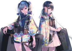 Rule 34 | 2girls, black hair, blue eyes, blue hair, brown gloves, cable, camera, camouflage, coat, cowboy shot, drawing tablet, drawstring, dress, facing viewer, gloves, headphones, headset, highres, holding, long sleeves, looking at viewer, mouse (computer), multicolored clothes, multicolored coat, multiple girls, open clothes, open coat, original, parted lips, partially fingerless gloves, puffy long sleeves, puffy sleeves, razer, razer orbweaver, short hair, short twintails, shorts, simple background, single glove, sousou (sousouworks), speaker, standing, strap, sweater, swept bangs, tagme, twintails, wacom, white background, white dress