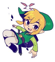 Rule 34 | 1boy, :d, blonde hair, blush, boots, brown eyes, fa8072, green headwear, green tunic, hat, link, long sleeves, looking at viewer, male focus, navi, nintendo, open mouth, outstretched arms, pants, pointy ears, sheath, shield, shield on back, sidelocks, smile, teeth, the legend of zelda, tongue