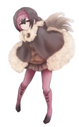 Rule 34 | 10s, 1girl, bird tail, black footwear, black hair, boots, brown skirt, brown sweater, buttons, closed mouth, dodo (kemono friends), empty eyes, eyebrows, eyelashes, eyes visible through hair, facing away, feathers, full body, fur collar, fur trim, hair between eyes, hairband, hood, hood down, ise (0425), kemono friends, leaning, leaning forward, legs apart, looking at viewer, miniskirt, multicolored clothes, multicolored footwear, multicolored hair, pantyhose, pigeon-toed, pink footwear, pink hair, pink hairband, pink pantyhose, pleated skirt, poncho, short hair, simple background, skirt, smile, solo, standing, sweater, tail, two-tone hair, white background, yellow eyes