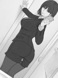 Rule 34 | 1girl, ass, black jacket, black skirt, breasts, cellphone, cowboy shot, curvy, formal, gluteal fold, greyscale, hand on wall, highres, holding, holding phone, indoors, jacket, large breasts, long sleeves, looking at viewer, mature female, monochrome, office lady, original, phone, pinstripe pattern, pinstripe suit, plump, selfie, shisshou senkoku, short hair, skirt, skirt suit, smartphone, solo, striped, suit, thighhighs