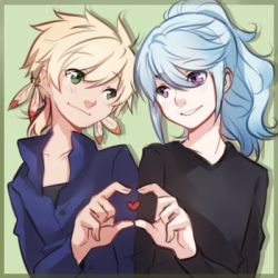 Rule 34 | 10s, 2boys, alternate hair color, bishounen, blonde hair, blue hair, feathers, green eyes, heart, heart hands, heart hands duo, lowres, male focus, mikleo (tales), multiple boys, official alternate costume, ponytail, purple eyes, simple background, smile, sorey (tales), spoilers, tales of (series), tales of zestiria, tusia, yaoi