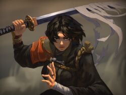 Rule 34 | 1girl, bandaged arm, bandages, black hair, black robe, brown eyes, closed mouth, commentary, day, english commentary, fighting stance, highres, holding, holding sword, holding weapon, jewelry, katana, looking at viewer, mglame, original, outdoors, ring, robe, short hair, solo, sword, weapon