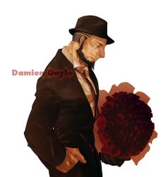 Rule 34 | 1boy, alternate costume, artist request, bandaid, bandaid on cheek, bandaid on face, bara, beard, black hair, black jacket, black suit, bouquet, character name, closed eyes, cyphers, damian doyle (cyphers), dark-skinned male, dark skin, facial hair, fedora, feet out of frame, flower, formal, from side, hat, holding, holding bouquet, jacket, male focus, mature male, mohawk, muscular, muscular male, necktie, pectorals, short hair, smile, solo, suit, white background