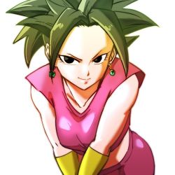 Rule 34 | 10s, 1girl, artist request, black eyes, black hair, character name, dragon ball, dragon ball super, earrings, female focus, fusion, jewelry, kefla (dragon ball), looking at viewer, lowres, ponytail, potara earrings, saiyan, simple background, smile, solo, spiked hair