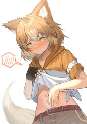 Rule 34 | 1girl, absurdres, animal ears, belt, blush, closed mouth, dog ears, dog tail, fingerless gloves, gloves, hand on own chest, highres, holding, holding clothes, holding shirt, kei8987, looking away, midriff, navel, original, shirt, short hair, simple background, solo, stomach, sweat, tail, white background