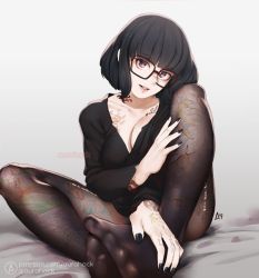 Rule 34 | 1girl, 2019, aurahack, black hair, black nails, black pantyhose, breast tattoo, breasts, cleavage, collarbone, commentary, english commentary, feet, feet together, female focus, finger tattoo, foreshortening, full body, glasses, goth fashion, hand tattoo, hands on feet, head tilt, highres, leg tattoo, lips, long sleeves, looking at viewer, nail polish, no shoes, original, pantyhose, parted lips, patreon username, plunging neckline, purple eyes, red-framed eyewear, see-through, see-through legwear, short hair, shoulder tattoo, sitting, solo, tattoo, toes, watermark