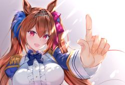 Rule 34 | 1girl, animal ears, blue dress, blush, bow, breasts, center frills, daiwa scarlet (umamusume), dress, ear ribbon, epaulettes, fang, fingernails, frills, hair between eyes, highres, horse ears, horse girl, index finger raised, juliet sleeves, large breasts, light rays, long hair, long sleeves, looking at viewer, open mouth, pink ribbon, puffy sleeves, red eyes, red hair, rei (rei&#039;s room), ribbon, smile, solo, tiara, twintails, umamusume, underbust, uniform, upper body