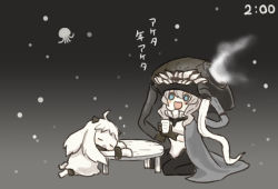 Rule 34 | 2girls, abyssal ship, barefoot, black gloves, blue eyes, blush stickers, cape, closed eyes, cup, dress, gloves, gradient background, grey cape, hair between eyes, holding, holding cup, horns, kantai collection, long hair, mittens, multiple girls, northern ocean princess, open mouth, pale skin, saiguchi otoufu, smile, table, tentacles, white dress, white hair, white mittens, wo-class aircraft carrier