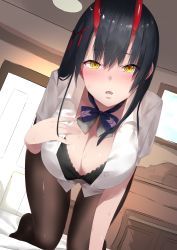 Rule 34 | 1girl, absurdres, all fours, azur lane, bed, black bra, black hair, black pantyhose, blue bow, blue bowtie, blush, bow, bowtie, bra, breasts, cleavage, collared shirt, cotton kanzaki, hand on own chest, highres, horn ornament, horns, indoors, lace, lace-trimmed bra, lace trim, large breasts, long hair, looking at viewer, open mouth, pantyhose, partially unbuttoned, shirt, short sleeves, solo, straight hair, suzuya (azur lane), sweat, tareme, underwear, white shirt, yellow eyes