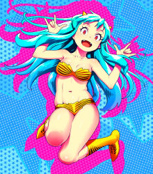 Rule 34 | 1girl, animal print, aqua hair, arms up, bare shoulders, bikini, blue hair, boots, breasts, commentary request, cone horns, fangs, full body, highres, hijiri rei, horns, knee boots, looking at viewer, lum, m/, medium breasts, multicolored hair, navel, oni, open mouth, orange eyes, patterned background, pointy ears, print bikini, print footwear, sidelocks, smile, solo, star (symbol), starry background, strapless, strapless bikini, swimsuit, tiger print, two-tone hair, urusei yatsura