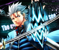 Rule 34 | 1boy, armor, beowulf, blue eyes, capcom, devil may cry (series), english text, force edge (dmc), gauntlets, glowing, male focus, nagare, short hair, solo, sword, vergil (devil may cry), weapon, white hair, yamato (sword)