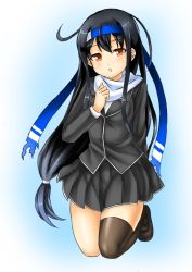 Rule 34 | 1girl, :o, black hair, black skirt, blazer, blue background, blue headband, breasts, collared shirt, gradient background, hatsushimo (kancolle), hatsushimo kai ni (kancolle), headband, jacket, kantai collection, kneeling, kudou (ooabareteng), long hair, long sleeves, looking at viewer, low-tied long hair, pleated skirt, red eyes, scarf, school uniform, shirt, single thighhigh, skirt, small breasts, solo, thighhighs