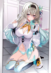 Rule 34 | 1girl, absurdres, adapted costume, aqua thighhighs, black hairband, blush, breasts, bridal gauntlets, brown hair, cellphone, cleavage cutout, clothing cutout, detached sleeves, firefly (honkai: star rail), green panties, hairband, hands up, high heels, highres, holding, holding phone, honkai: star rail, honkai (series), kneeling, large breasts, looking at mirror, mirror, navel, niku (hamuchang), no pants, panties, parted lips, phone, purple eyes, reflection focus, shirt, single bridal gauntlet, smartphone, solo, stomach, taking picture, thighhighs, underwear, white panties, white shirt, white sleeves