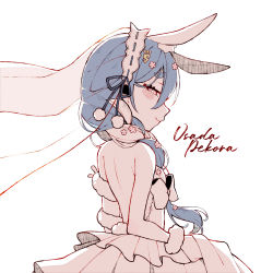 Rule 34 | 1girl, animal ears, backless dress, backless outfit, bare arms, blue hair, blush, braid, bridal veil, character name, closed mouth, commentary, dress, flower, hair flower, hair ornament, highres, hololive, long hair, looking at viewer, pink eyes, profile, rabbit ears, rabbit girl, rabbit tail, simple background, smile, solo, strapless, strapless dress, symbol-shaped pupils, thick eyebrows, twin braids, unexistarts, upper body, usada pekora, veil, virtual youtuber, wedding dress, white background, white dress