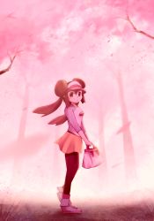 Rule 34 | 1girl, bag, black pantyhose, blue sleeves, brown hair, cherry blossoms, creatures (company), day, double bun, floating hair, from side, full body, game freak, hair bun, holding, holding bag, long hair, long sleeves, looking at viewer, miniskirt, nintendo, outdoors, pantyhose, pokemon, pokemon bw2, print shirt, ribero, rosa (pokemon), shirt, skirt, solo, standing, twintails, very long hair, visor cap, white footwear, white shirt, yellow skirt