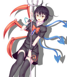 Rule 34 | 1girl, ahoge, asymmetrical wings, bespectacled, black dress, black hair, black thighhighs, blush, dress, glasses, highres, houjuu nue, leaning, looking at viewer, open mouth, orange eyes, polearm, ribbon, rimless eyewear, sere (y ashiagaru), shadow, short hair, short sleeves, simple background, solo, thighhighs, touhou, trident, weapon, white background, wings, wrist cuffs, zettai ryouiki